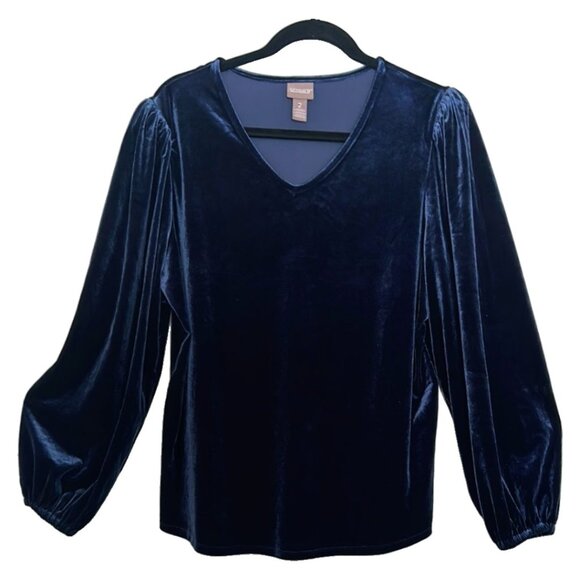 Chico's Tops - Chico’s Navy Velvet Puff Sleeve Blouse | Size 12 L Long Sleeve Fall Top